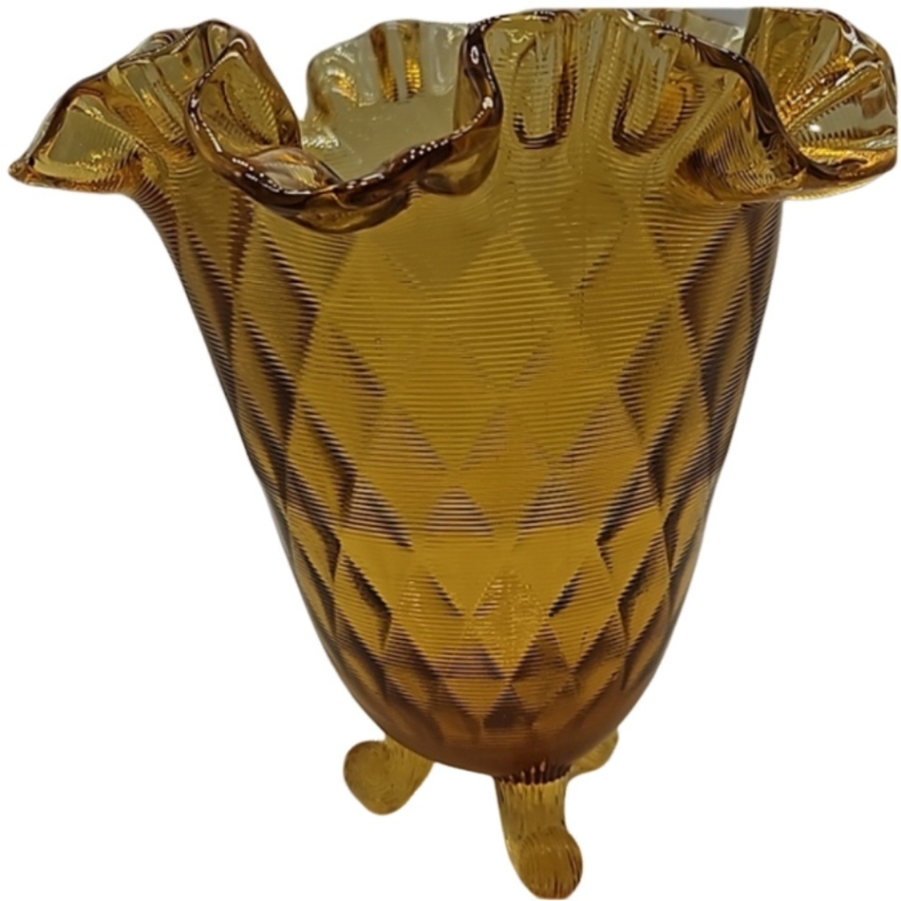 🏺FENTON vintage amber diamond optic threaded footed glass vase